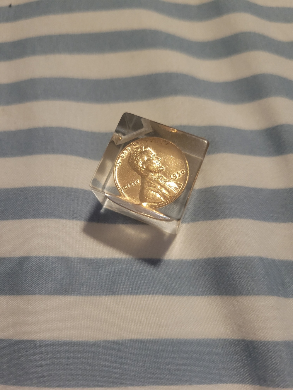 Clear Acrylic Cube with Encased Coin Accent - 1950 Wheat Penny